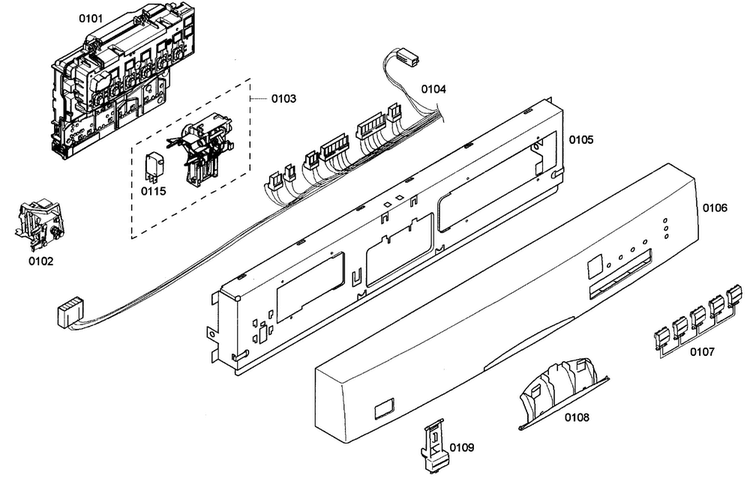 Front Panel Diagram and Parts List for SHE33M05UC 46 Bosch Dishwasher