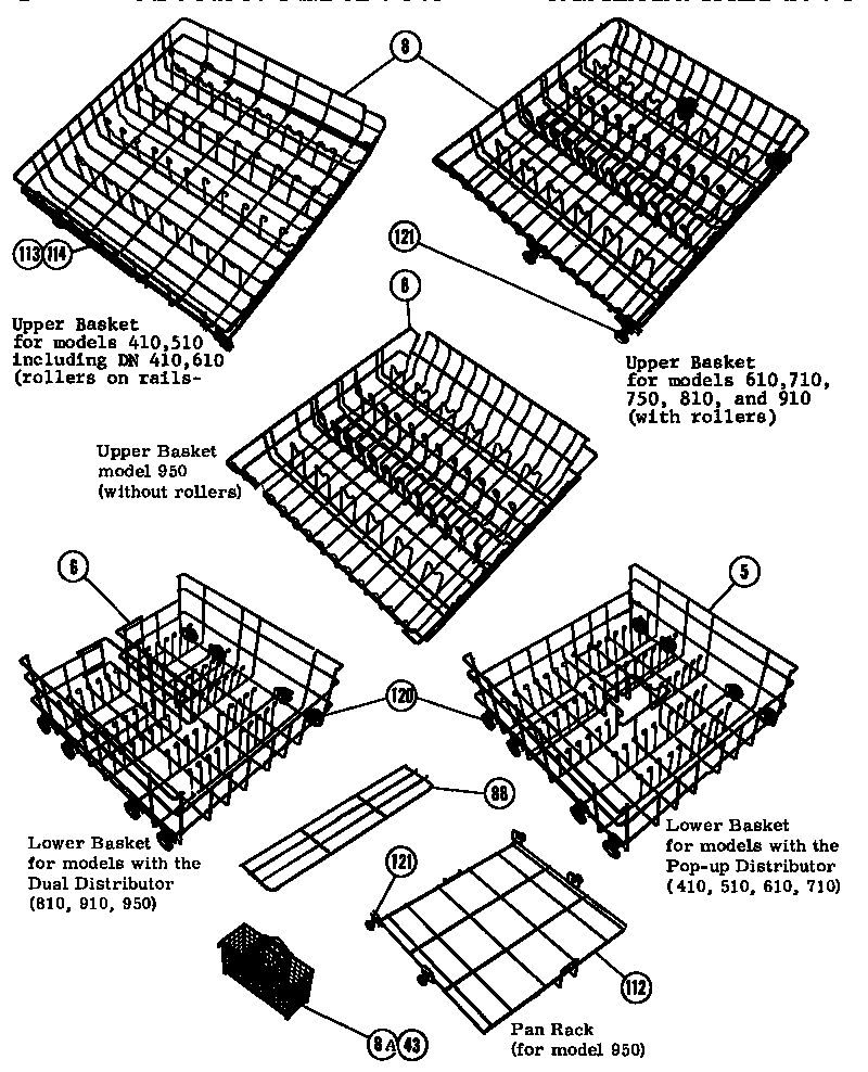 Basket Assemblies Diagram and Parts List for CP750  Thermador Dishwasher