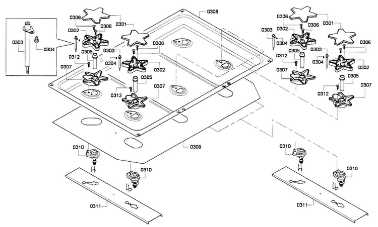 Burners Diagram and Parts List for PCG366G-01  Thermador Cooktop