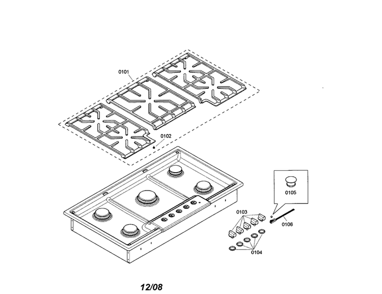 Grid/knobs Diagram and Parts List for NGM5664UC 01 Bosch Cooktop