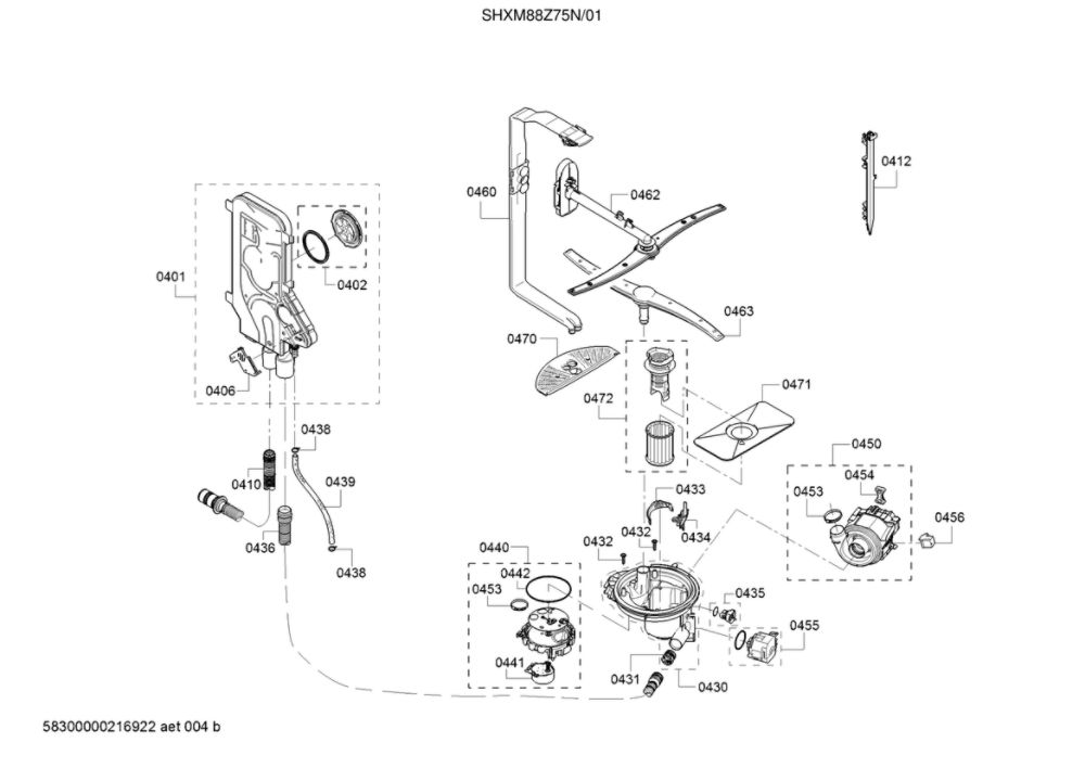 Water Inlet/Heat Pump/Sump Diagram and Parts List for SHXM88Z75N 01 Bosch Dishwasher