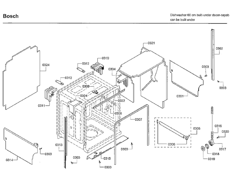 Tub Diagram and Parts List for SHE66C02UC 48 Bosch Dishwasher