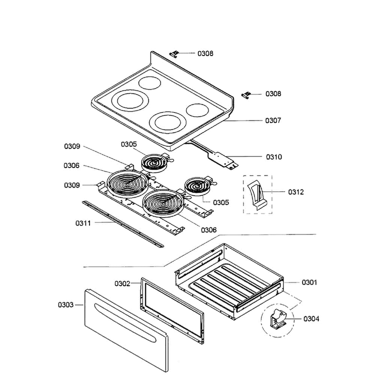 Drawer/top Assy Diagram and Parts List for HES3063U 02 Bosch Range