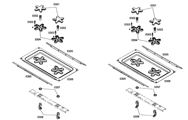 Burners Assy Diagram and Parts List for PRG364ELH01  Thermador Range