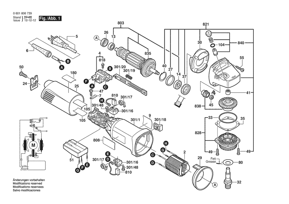 Section 1 Diagram and Parts List for GWS14-150COK 0601806739 Bosch Angle Grinder
