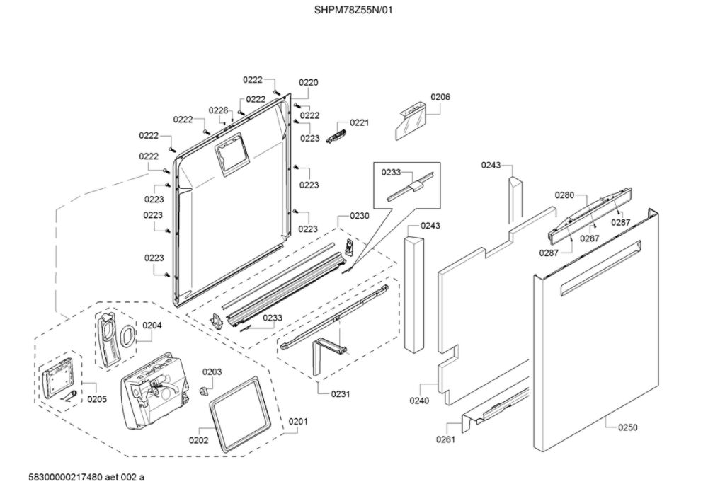 Door/Dispenser Diagram and Parts List for SHPM78Z55N 01 Bosch Dishwasher