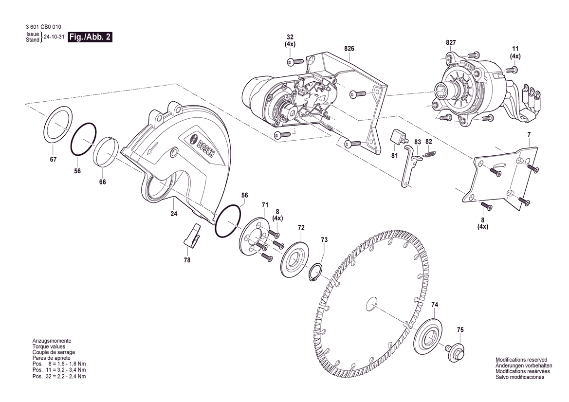 Figure 2 Diagram and Parts List for 3601CB0010 GCS18V-230 Bosch Circular Saw