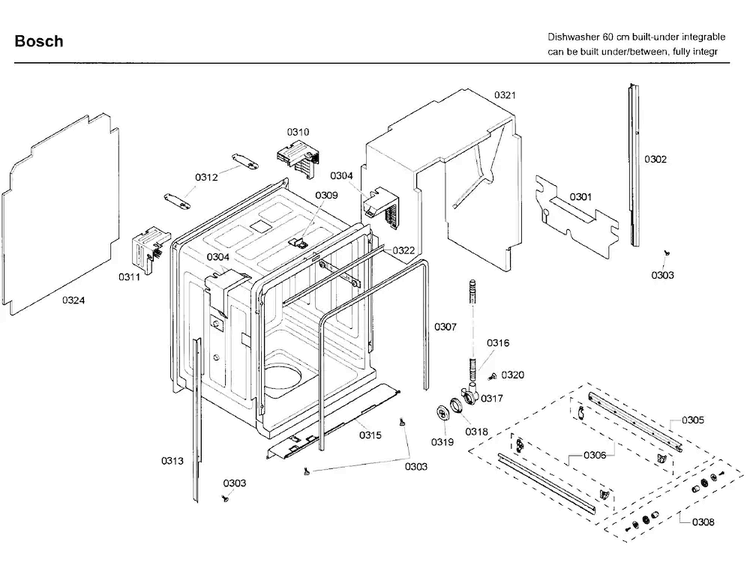 Frame Diagram and Parts List for SHV68P03UC 58 Bosch Dishwasher
