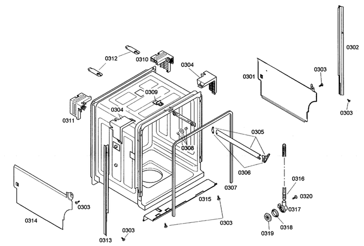 Cabinet Diagram and Parts List for SHE44C02UC 40 Bosch Dishwasher