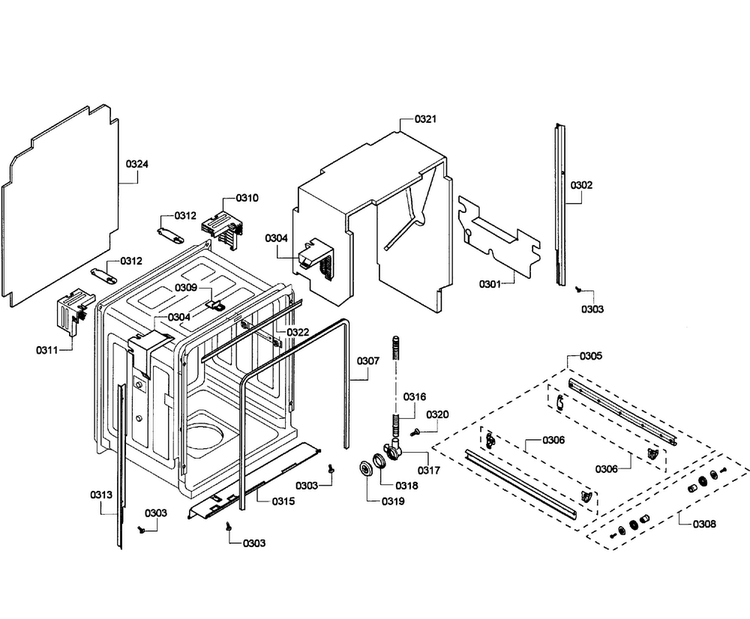 Cabinet Diagram and Parts List for SHE55P05UC 61 Bosch Dishwasher