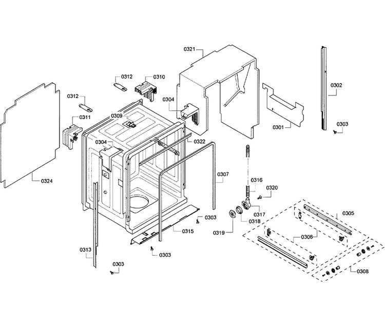 Cabinet Diagram and Parts List for DWHD410HFM 64 Thermador Dishwasher