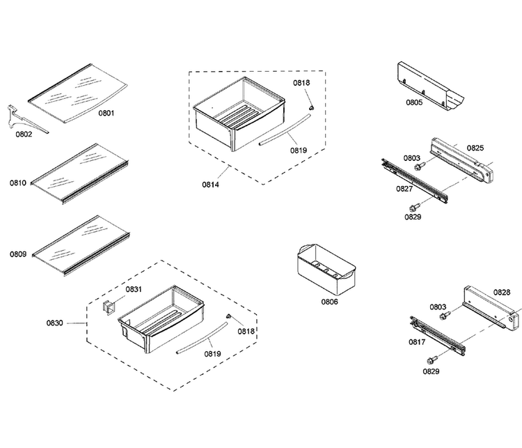 Shelfs 1 Diagram and Parts List for KBUDT4255E 04 Thermador Refrigerator