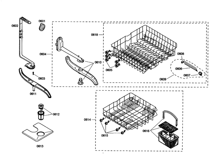 Spray Arm/racks Diagram and Parts List for SHE43C02UC 47 Bosch Dishwasher