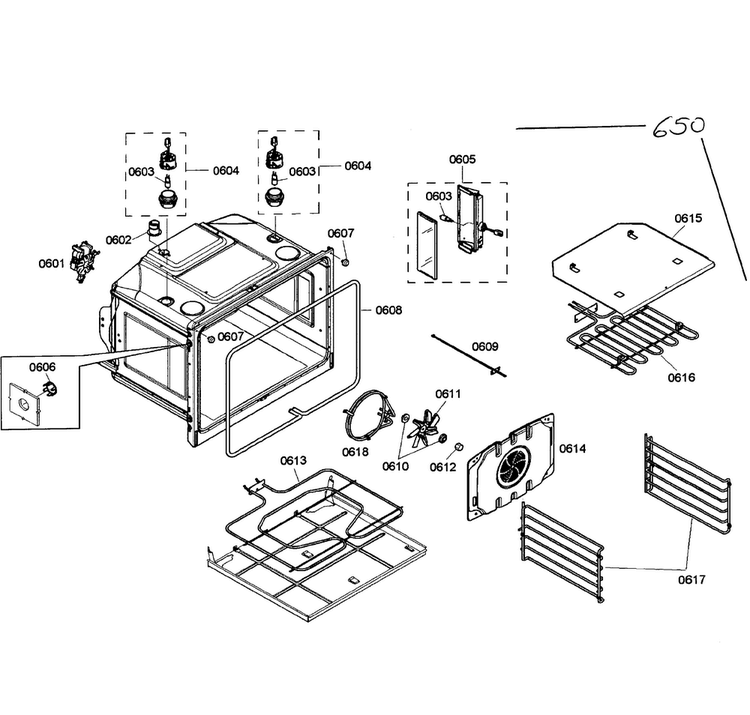 Lower Oven Assy Diagram and Parts List for HBL8650UC 04 Bosch Wall Oven