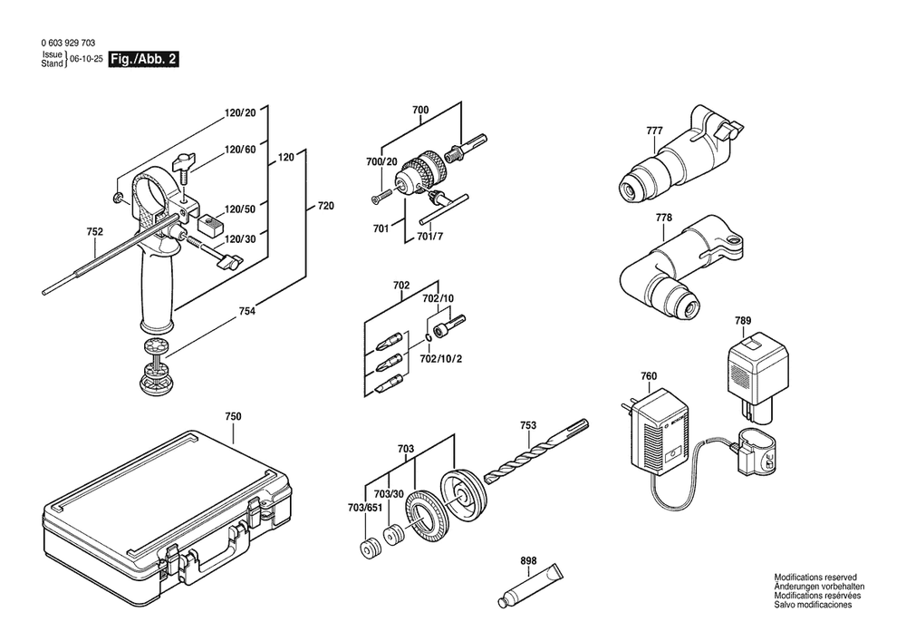 Section 2 Diagram and Parts List for PBH12VRE 0603929720 Bosch Hammer Drill
