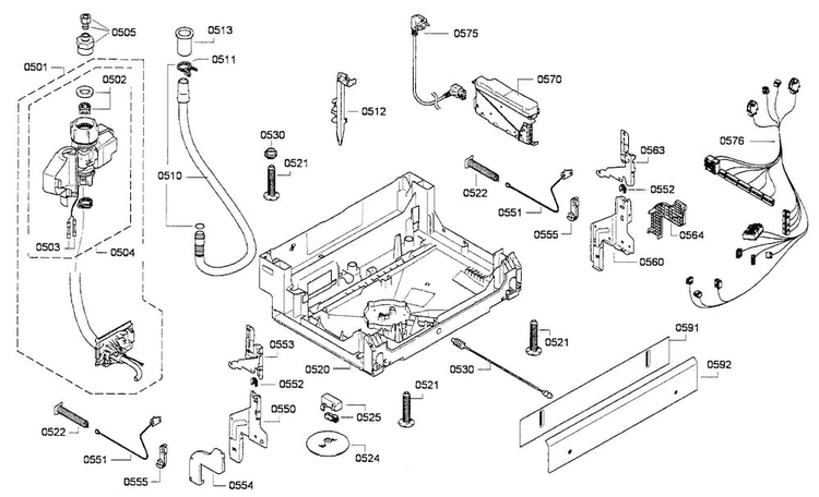 Base Assy Diagram and Parts List for SHE68E05UC 01 Bosch Dishwasher
