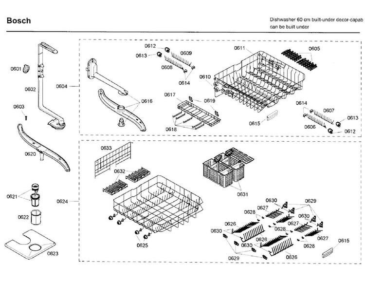 Rack Diagram and Parts List for SHE99C05UC 36 Bosch Dishwasher