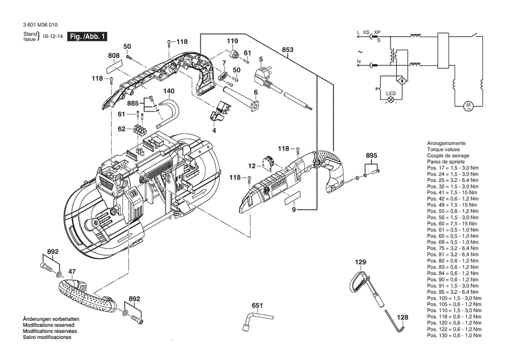 Section 1 Diagram and Parts List for GCB120 3601M36010 Bosch Band Saw
