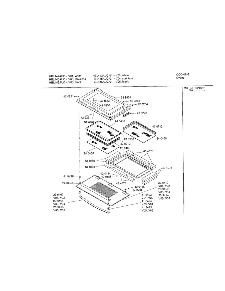 Door Diagram and Parts List for HBL445AUC 01 Bosch Wall Oven
