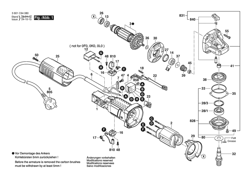 Section 1 Diagram and Parts List for GWS750-115 3601C940L3 Bosch Angle Grinder