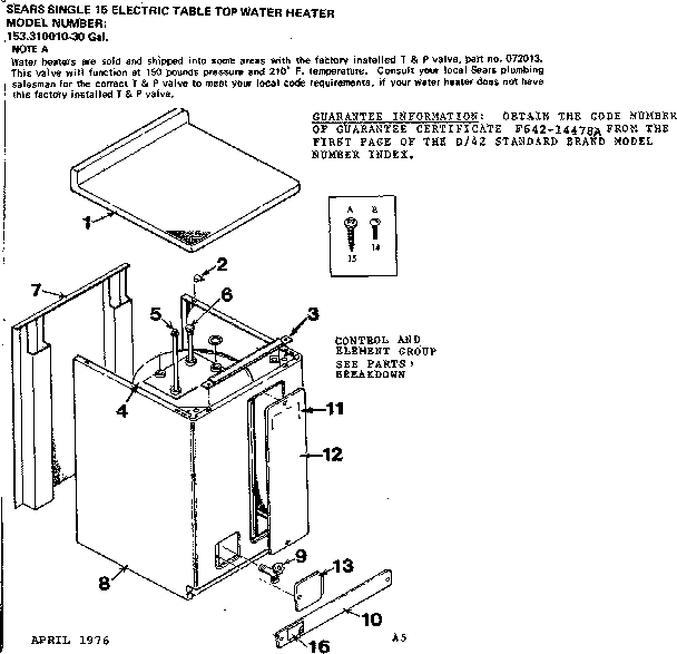 Non-functional Replacement Parts Diagram and Parts List for 153310010  Kenmore Water Heater