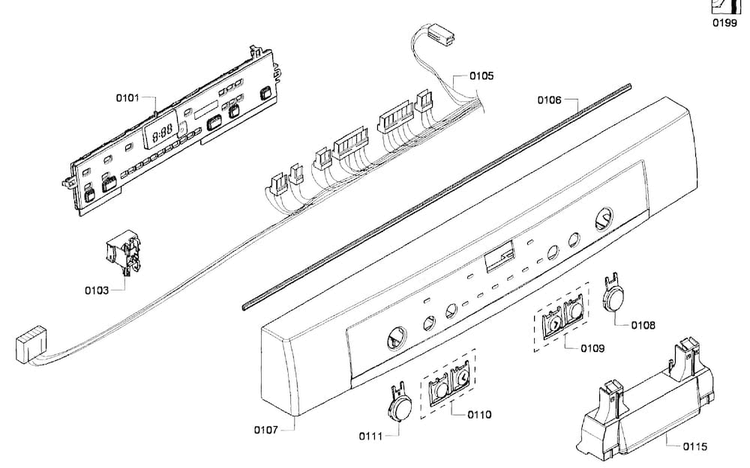Front Panel Diagram and Parts List for SHE6AP02UC 03 Bosch Dishwasher