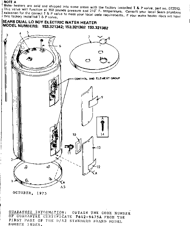 Non-functional Replacement Parts Diagram and Parts List for 153321362  Kenmore Water Heater