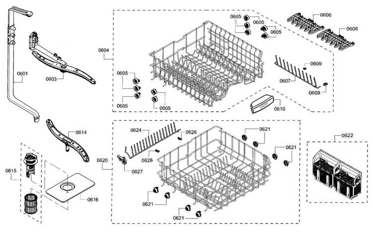 Rack Diagram and Parts List for SHE3ARF5UC 21 Bosch Dishwasher