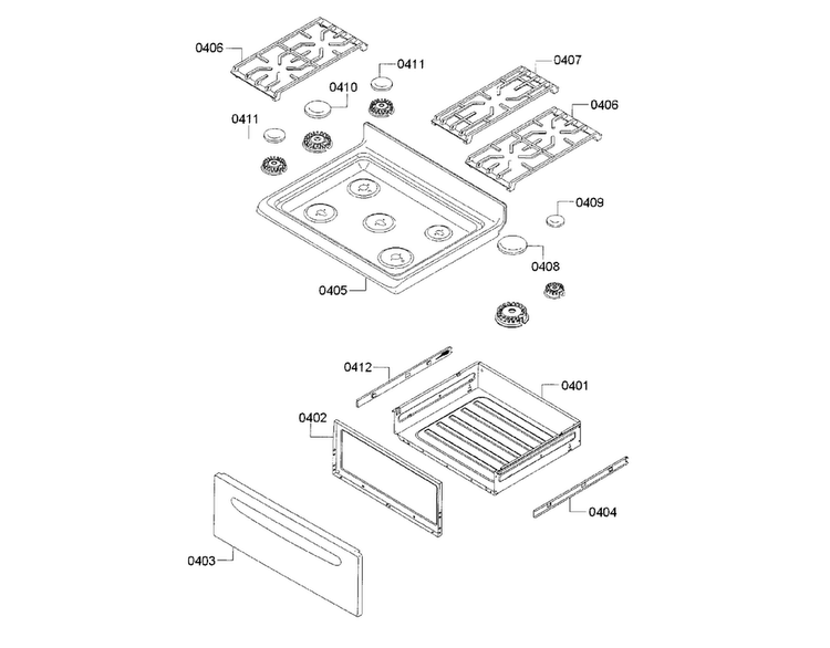 Burner & Drawer Assy Diagram and Parts List for HGS3063UC 10 Bosch Range
