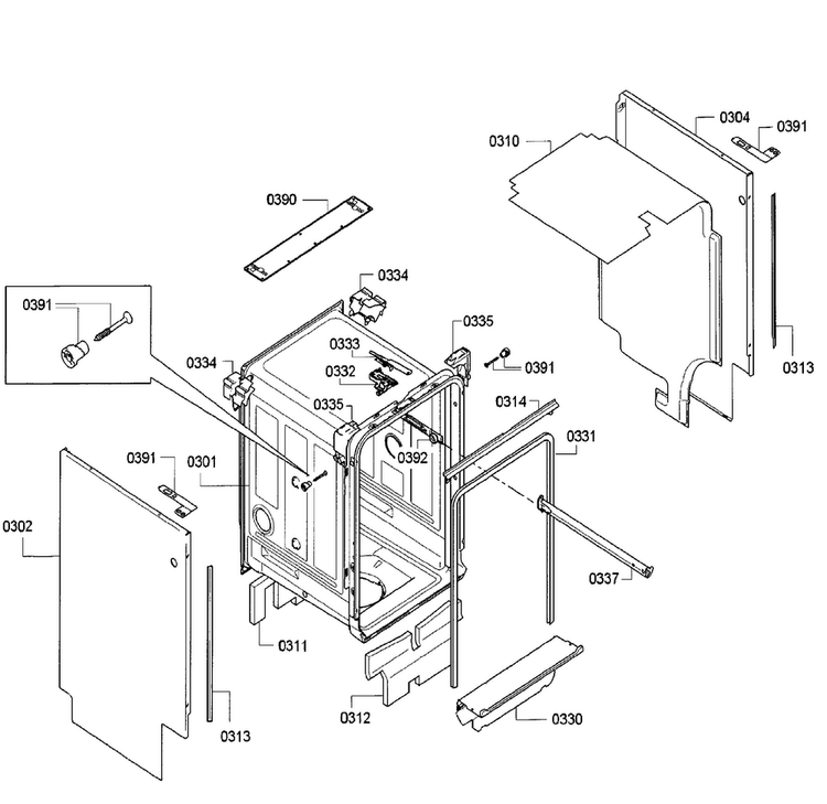 Cabinet Diagram and Parts List for SPX5ES55UC 30 Bosch Dishwasher