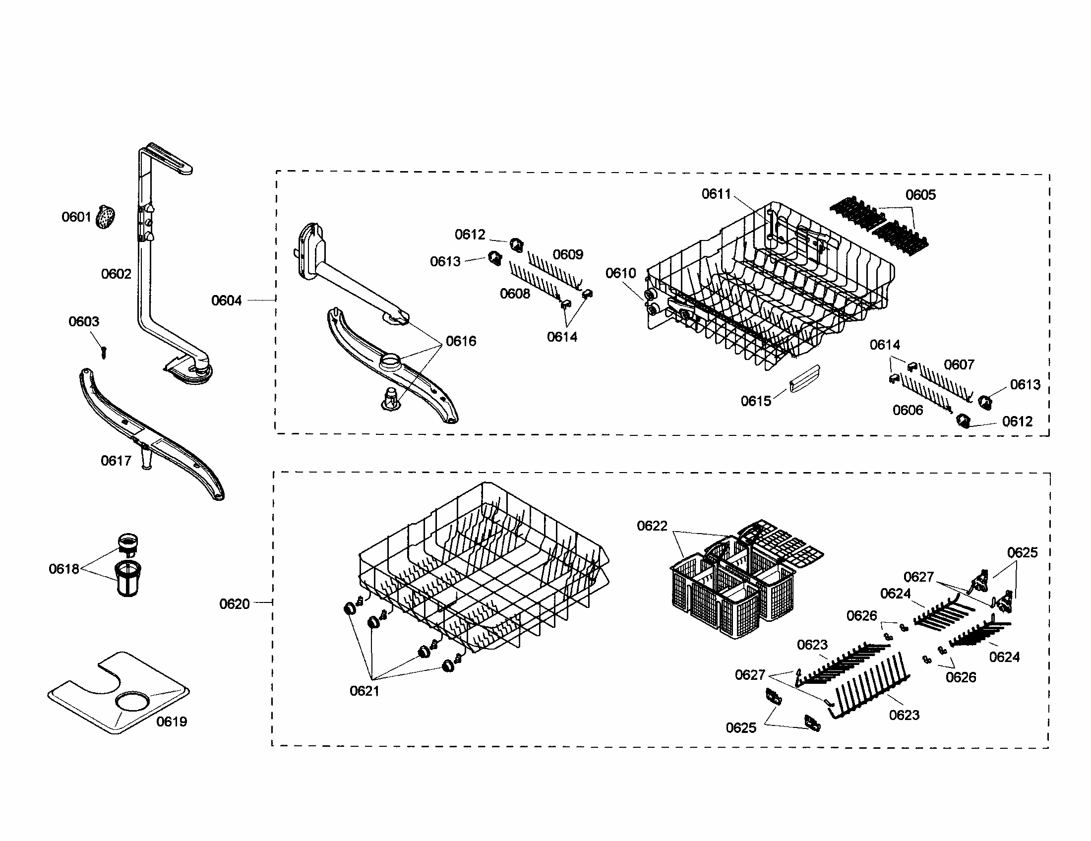 Racks/spray Arm Diagram and Parts List for S35KMK17UC 36 Bosch Dishwasher