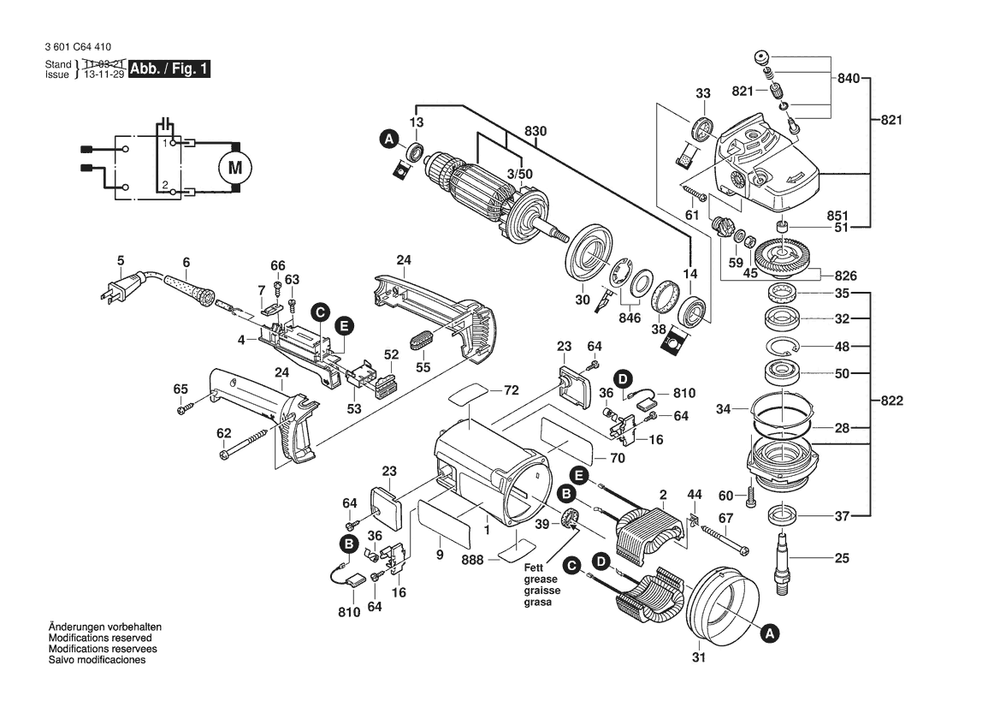 Section 1 Diagram and Parts List for GWS22-12 3601C64410 Bosch Angle Grinder