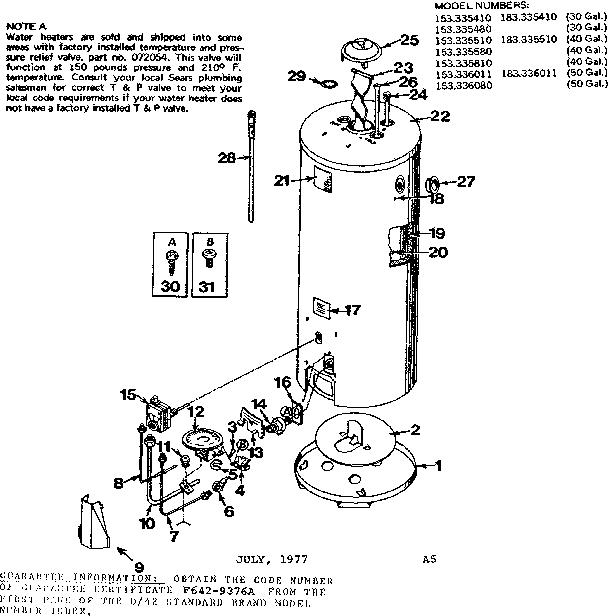 Replacement Parts Diagram and Parts List for 153335510  Kenmore Water Heater