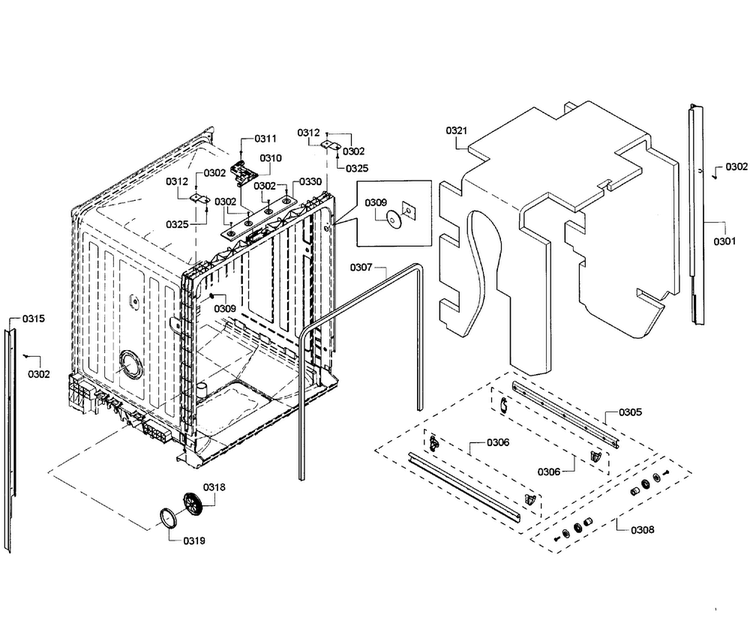 Cabinet Diagram and Parts List for SHX3AR52UC 08 Bosch Dishwasher