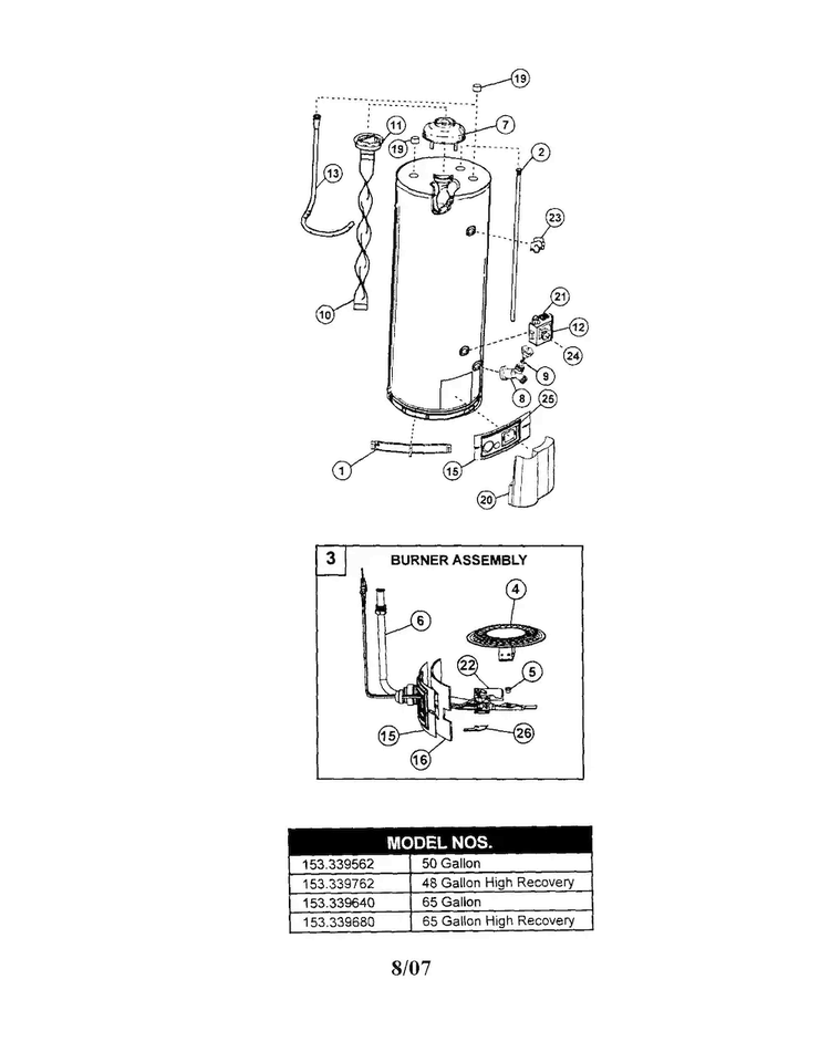 Water Heater Diagram and Parts List for 153339680  Kenmore Water Heater