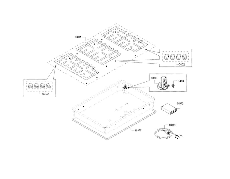 Grate Assy Diagram and Parts List for NGM8055UC 01 Bosch Cooktop