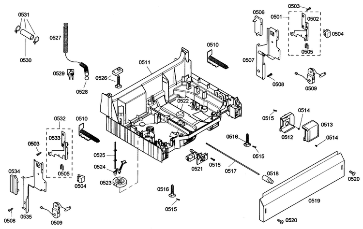 Base Assy Diagram and Parts List for SHE42L16UC 36 Bosch Dishwasher