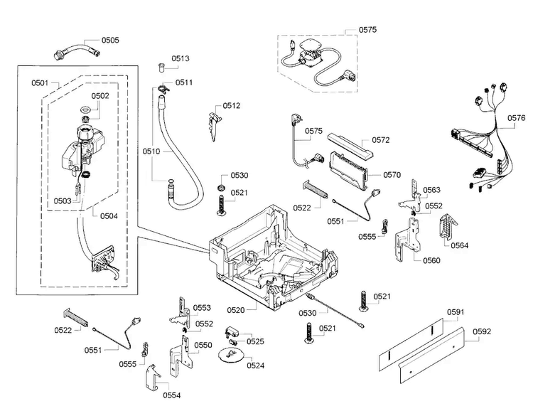 Base Diagram and Parts List for SPE53U52UC 26 Bosch Dishwasher
