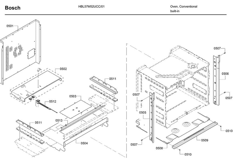 Frame Diagram and Parts List for HBL57M52UC 01 Bosch Wall Oven