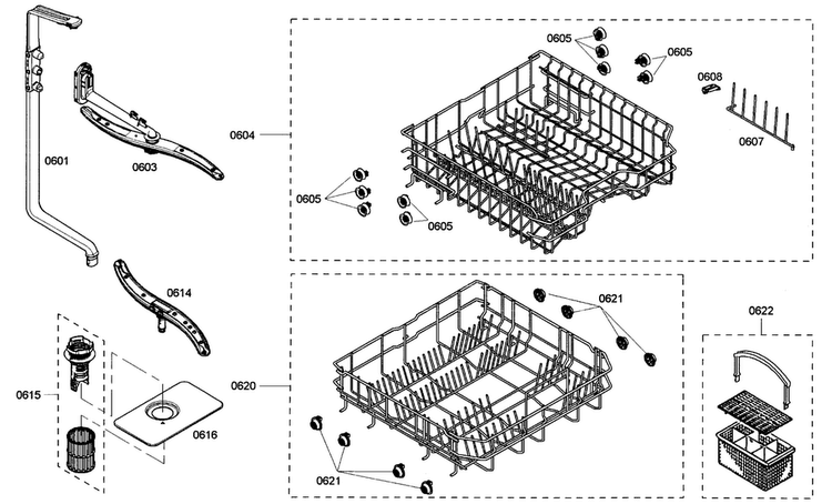 Racks Assy Diagram and Parts List for SHE4AM16UC 01 Bosch Dishwasher