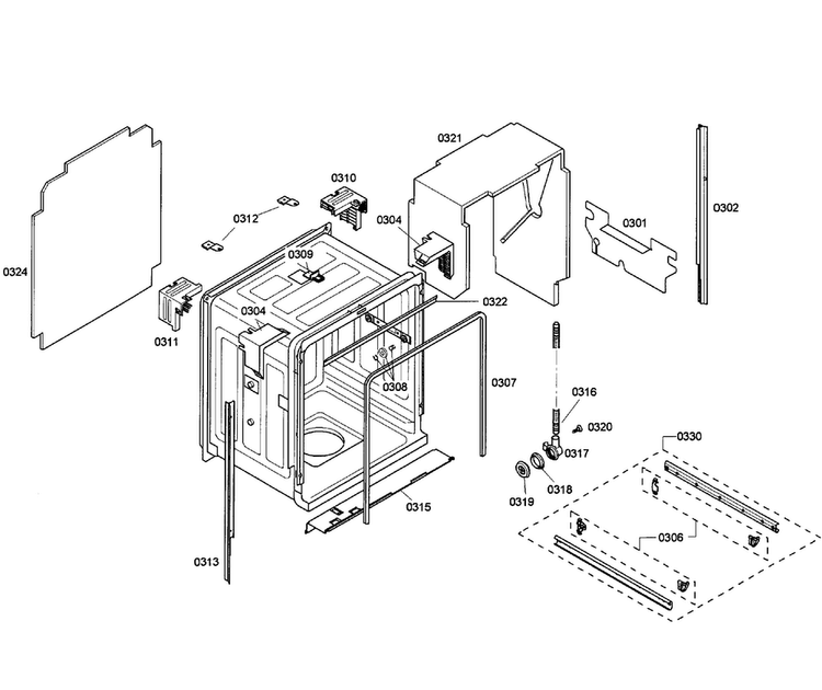 Cabinet Diagram and Parts List for SHE55M12UC 57 Bosch Dishwasher