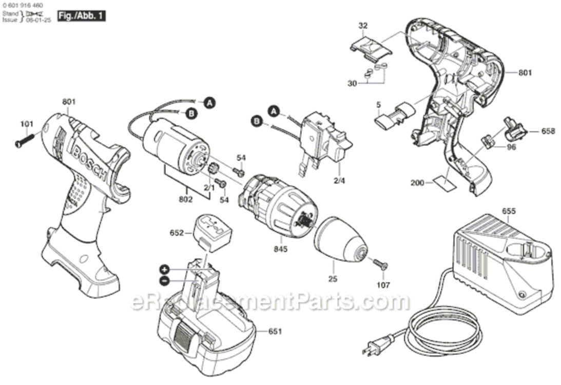 Page A Diagram and Parts List for 32614-2G 0601916470 Bosch Cordless Drill