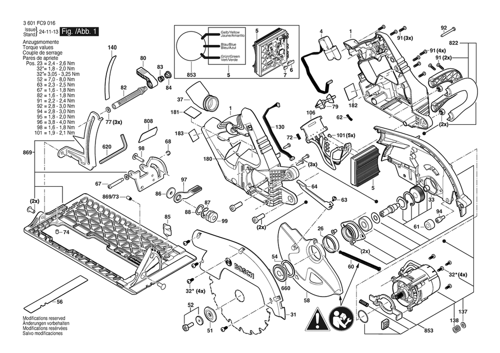 Section 1 Diagram and Parts List for 3601FC9016  Bosch Circular Saw
