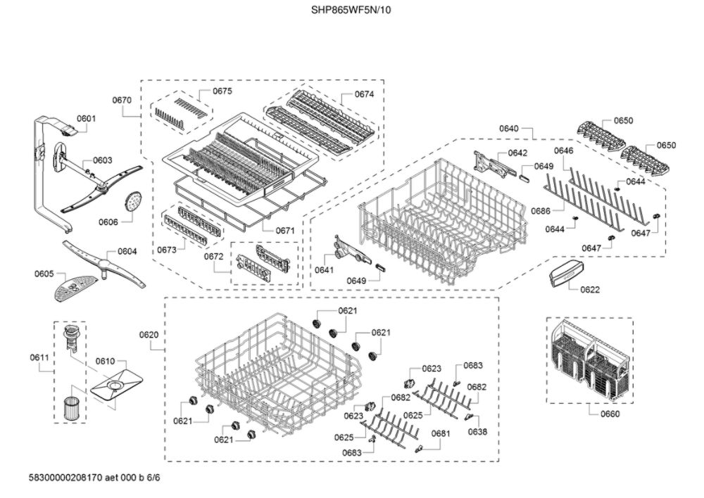 Spray Arms/Racks/Cutlery Drawer Diagram and Parts List for SHP865WF5N 10 Bosch Dishwasher