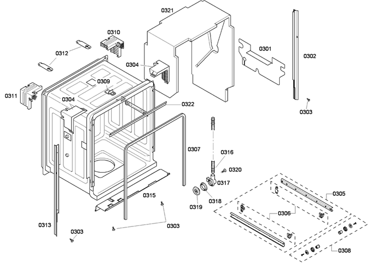 Cabinet Diagram and Parts List for SHE43P15UC 59 Bosch Dishwasher