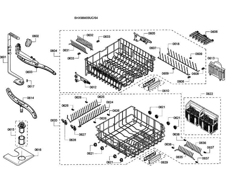 Baskets Diagram and Parts List for SHX98M09UC 64 Bosch Dishwasher