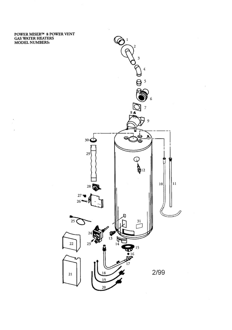 Power Miser 40 Gallon Diagram and Parts List for 153335816  Kenmore Water Heater
