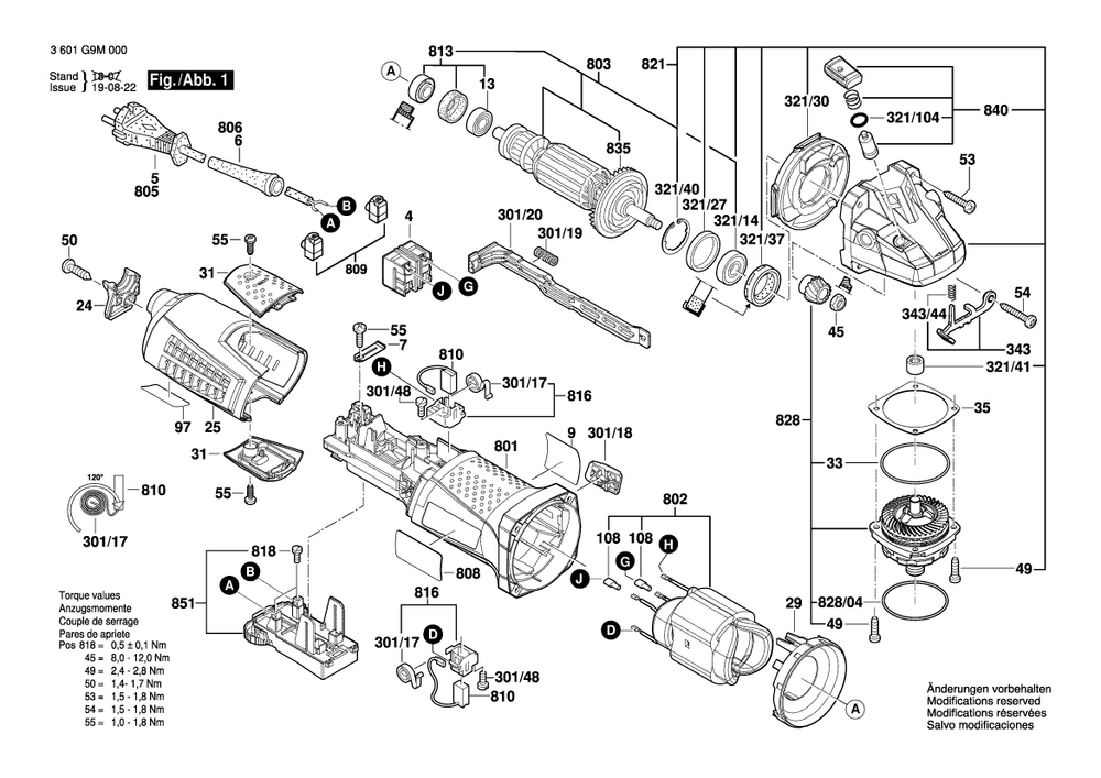 Diagram 1 Diagram and Parts List for GWS17-125INOX 3 601 G9M 040 Bosch Angle Grinder