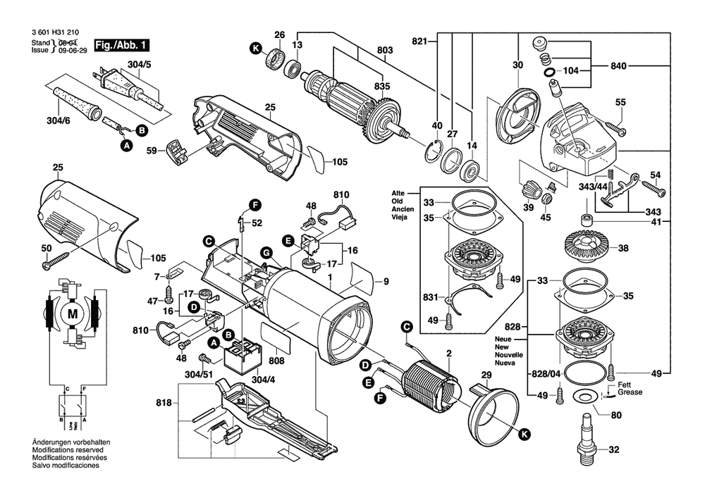 Section 1 Diagram and Parts List for 1810D 3601H31210 Bosch Angle Grinder