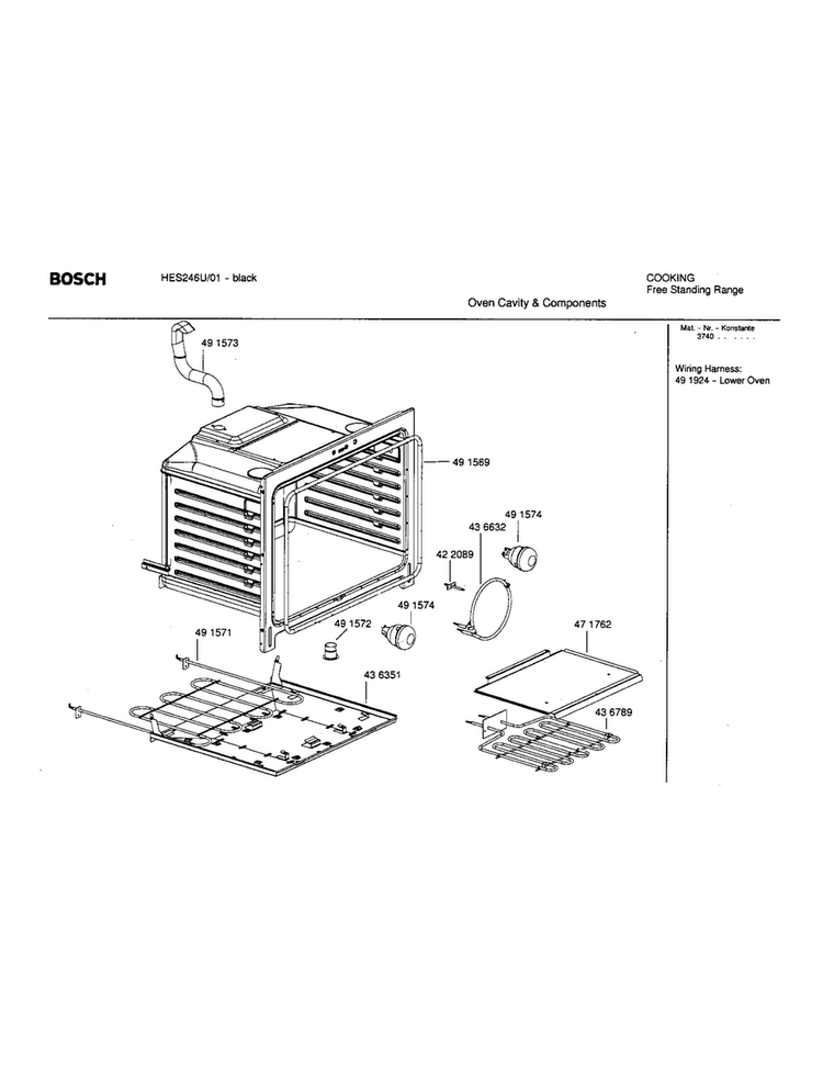 Oven Cavity And Components Diagram and Parts List for HES246U 01 Bosch Range
